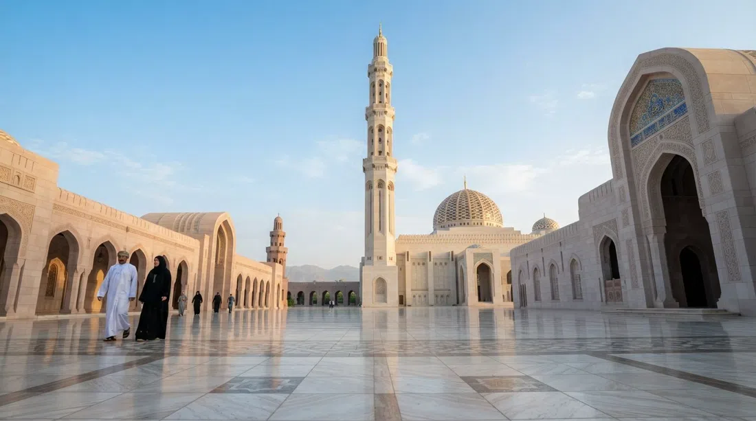 Gran Mezquita del Sultán Qaboos en Al Khuwair a la luz de la mañana, su vasto patio y minarete vistos desde un ángulo bajo con piedra pálida brillando bajo un cielo azul de Mascate