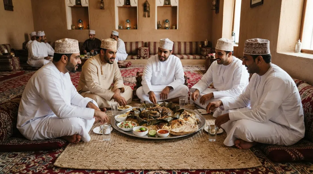 una sala de comedor privada alfombrada en Bin Ateeq en Al Khuwair, con asientos en el suelo alrededor de una gran bandeja comunitaria con shuwa y majboos servidos tradicionalmente