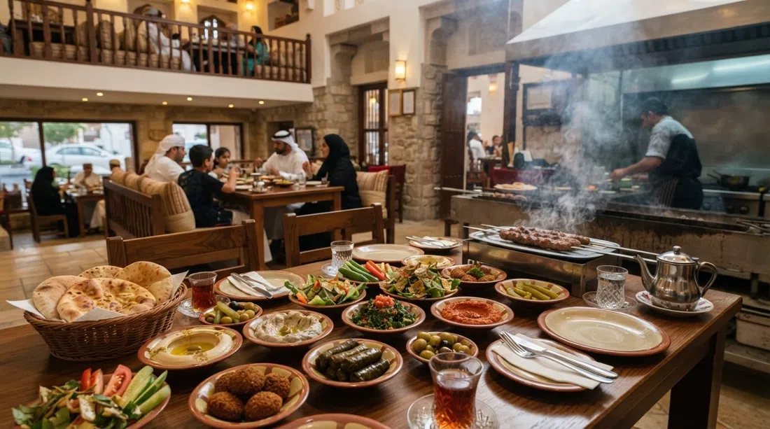 una generosa mesa de mezze libanés en Al Jood en Al Khuwair, con humo de parrilla de carbón, manakish fresco y asientos familiares visibles arriba