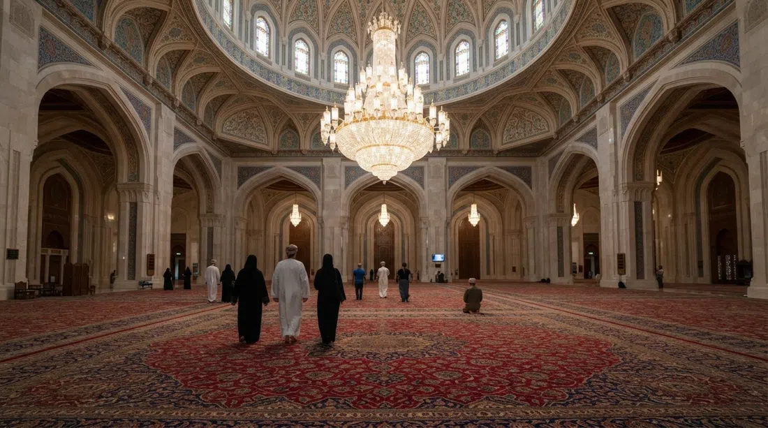 la sala de oración interior de la Gran Mezquita del Sultán Qaboos en Al Khuwair, con la enorme lámpara de araña de cristal y la vasta alfombra estampada vista en la suave luz de la mañana