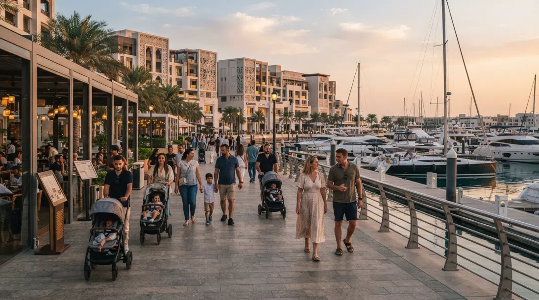 el paseo de la marina de Al Mouj en la hora dorada, paseantes caminando frente a restaurantes con fachadas de vidrio y yates amarrados más allá
