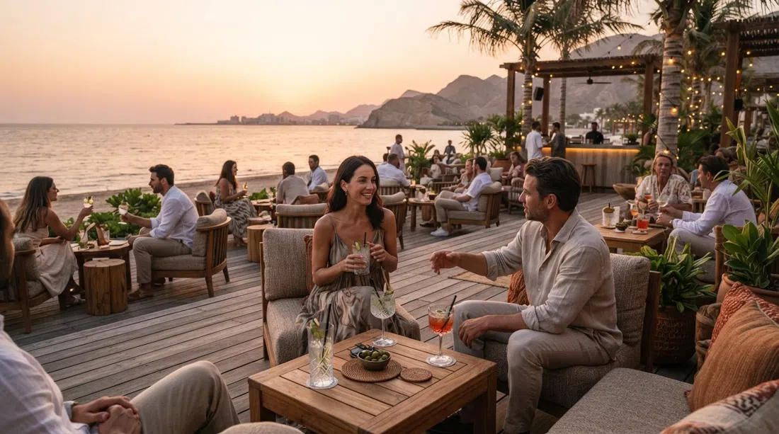 Zale Beach Club & Lounge en el Kempinski, terraza frente a la playa al atardecer con mesas bajas, cócteles y el mar al fondo