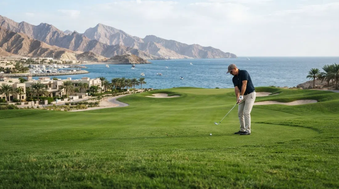Fairway de Almouj Golf cerca de la costa, césped verde recortado con el mar y las montañas Hajar al fondo