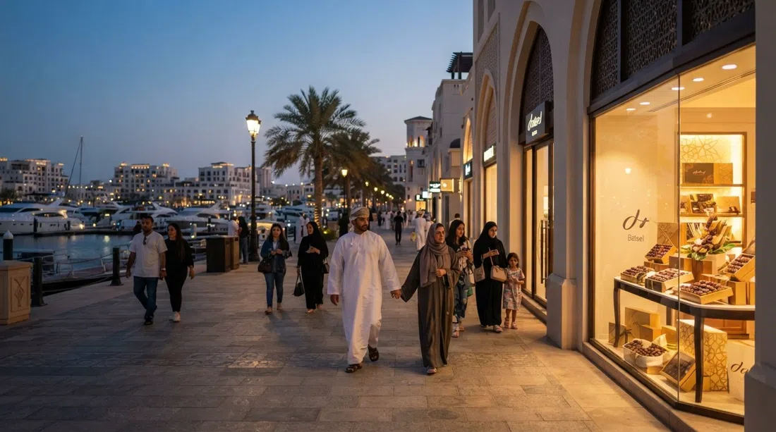 el paseo frente a la marina en Al Mouj con tiendas boutique, un escaparate de Bateel y peatones al anochecer