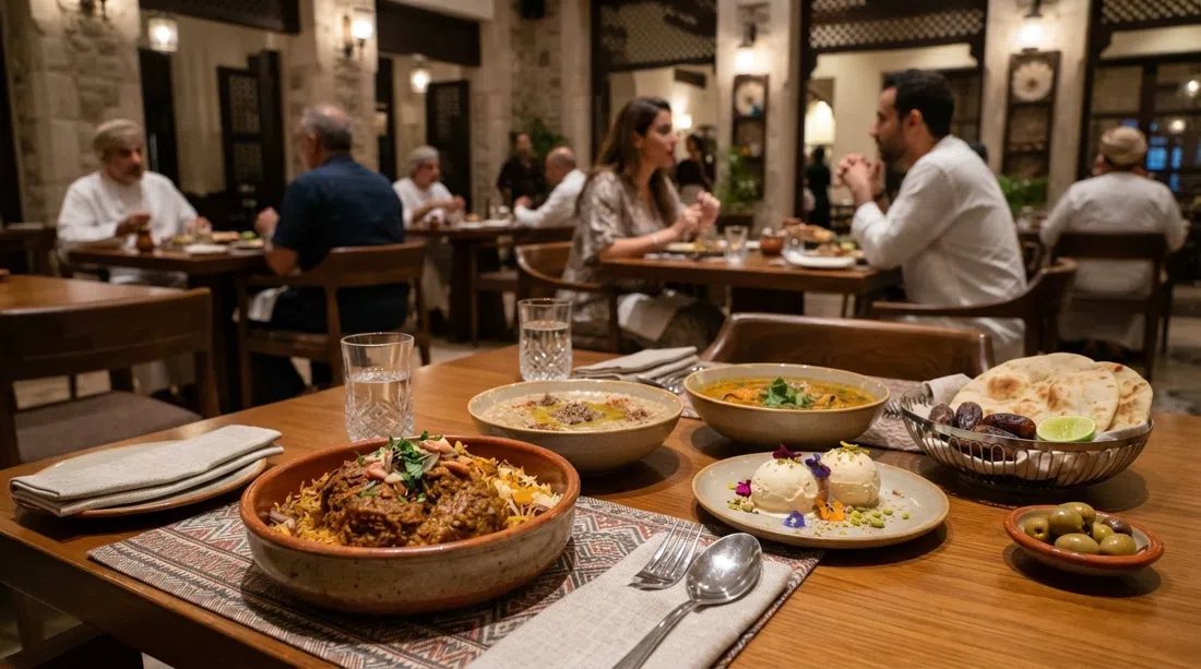 una mesa en Ubhar en Bareeq Al Shatti con shuwa, harees, sopa Mutrah paplou y helado de incienso servidos para la cena