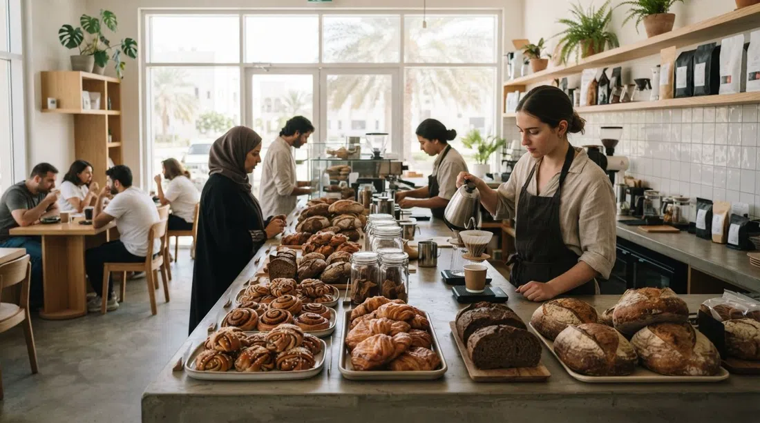 el interior luminoso de La Cabra en Al Qurum Complex con repostería nórdica, panes de masa madre y café de vertido en el mostrador