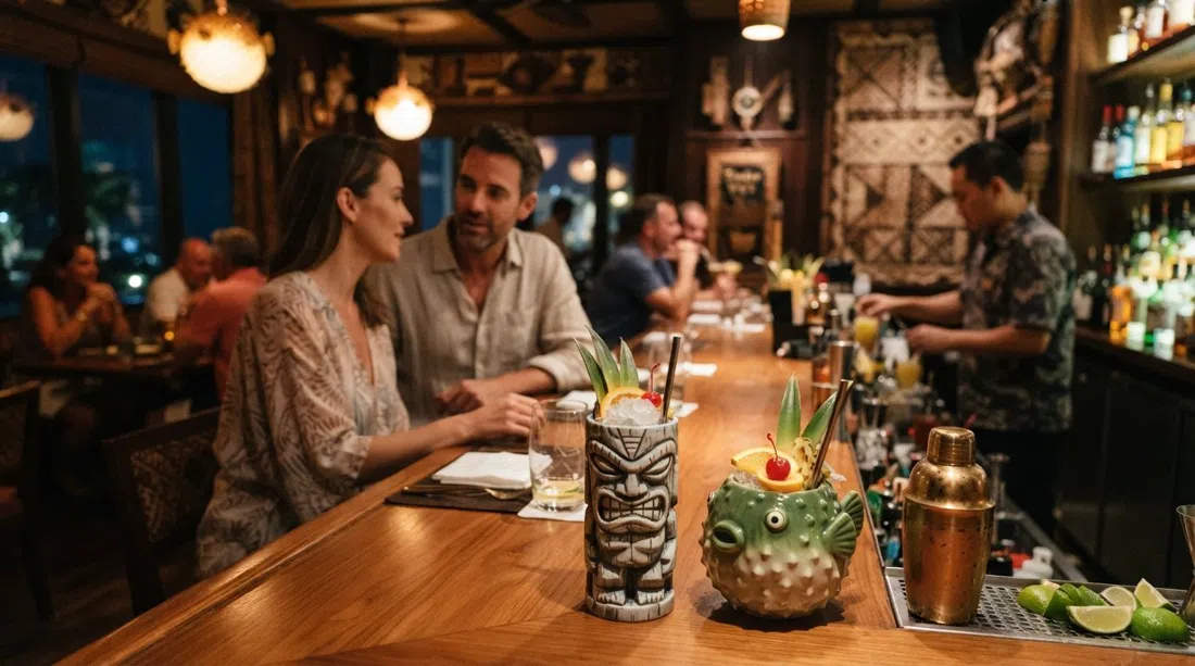 Trader Vic’s en el InterContinental Muscat con tazas tiki, cócteles de ron y luz vespertina cálida en la barra