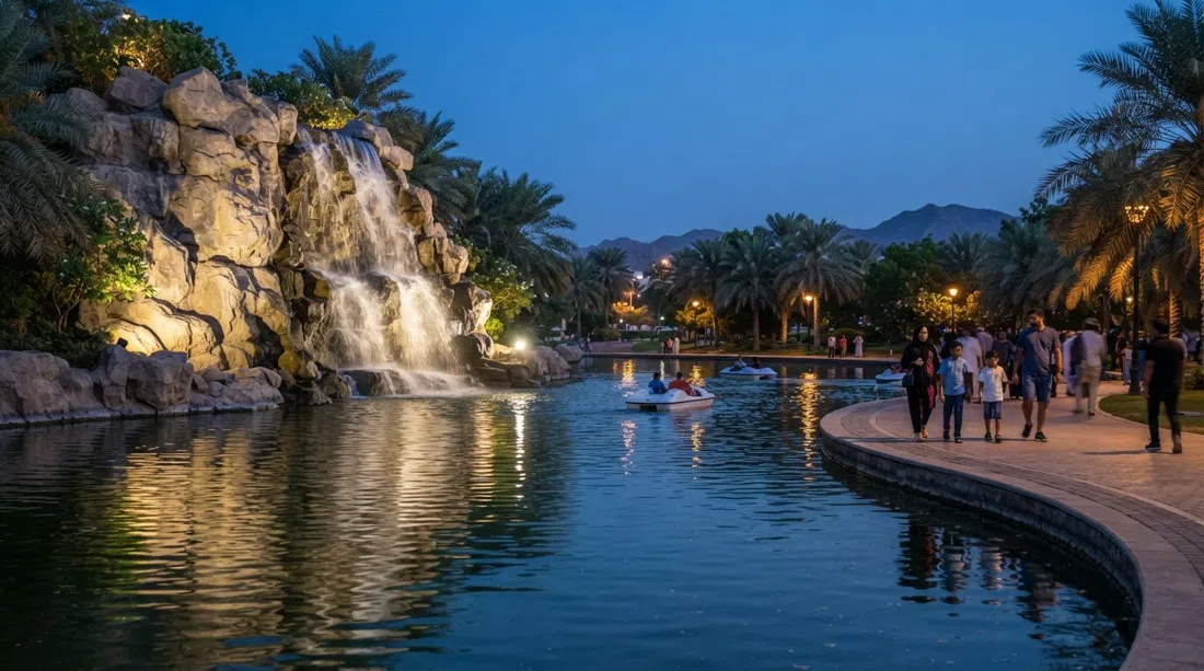 la cascada de roca iluminada en el Parque Natural de Qurum al anochecer, con el lago de botes reflejando el cielo azul y las luces del parque