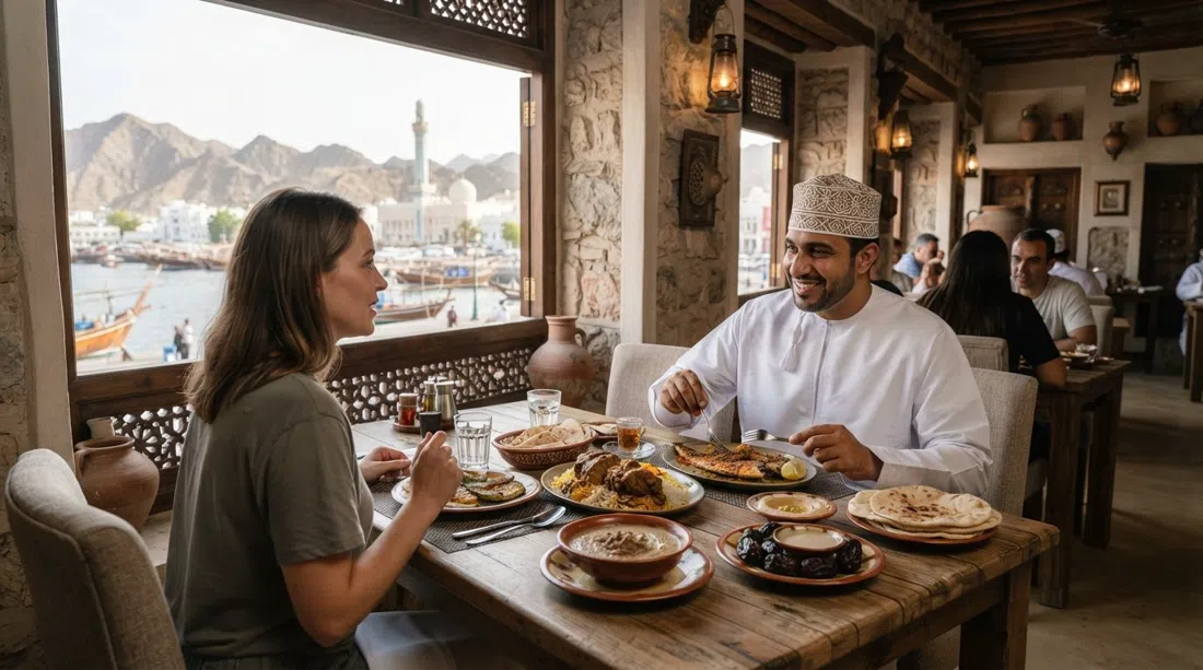 una mesa frente al puerto en Bait Al Luban con shuwa, pez rey a la parrilla, harees y dátiles servidos en un comedor de casa de comerciante restaurada