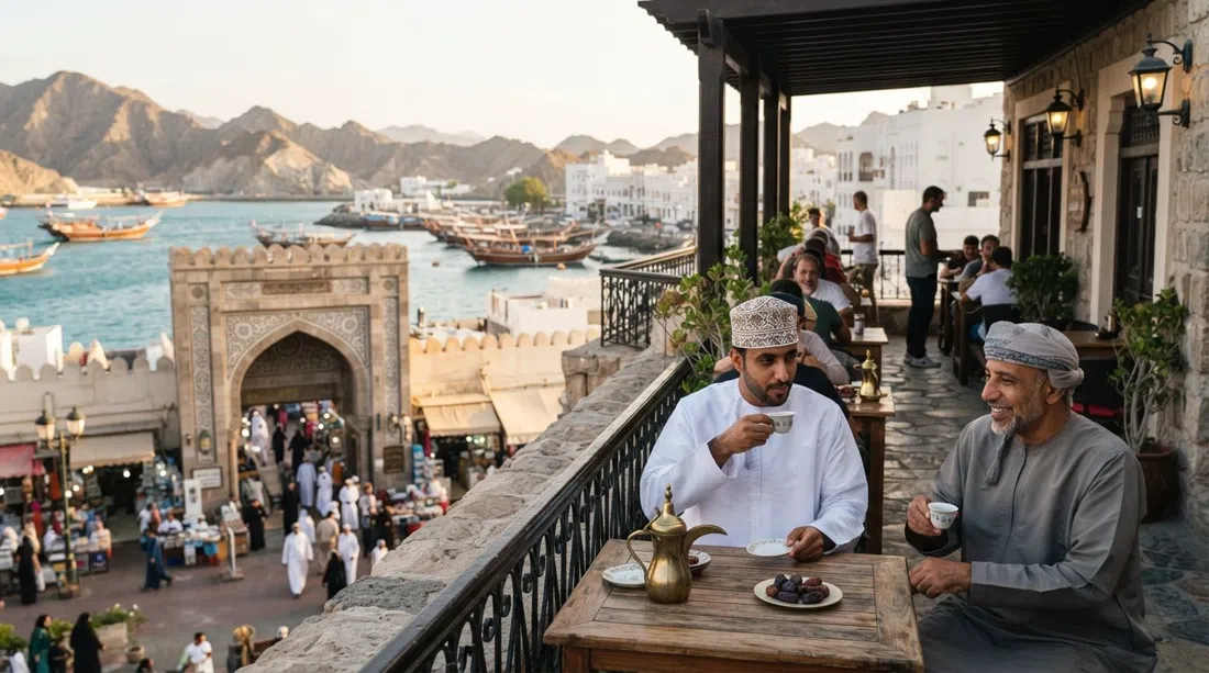 el Corniche Cafe sobre la entrada del zoco, una pequeña terraza con tazas de café omaní y el puerto abajo a la luz del atardecer