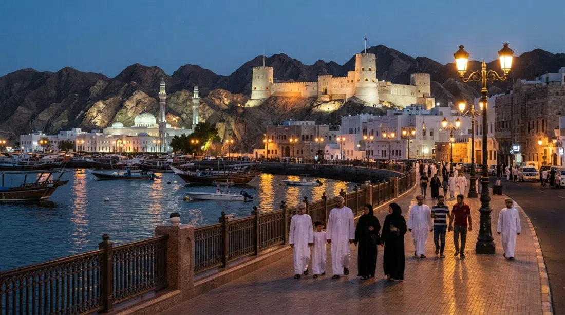 la Corniche de Muttrah después del atardecer, familias paseando bajo las farolas con las cúpulas de las mezquitas y el Fuerte de Muttrah iluminados sobre el puerto