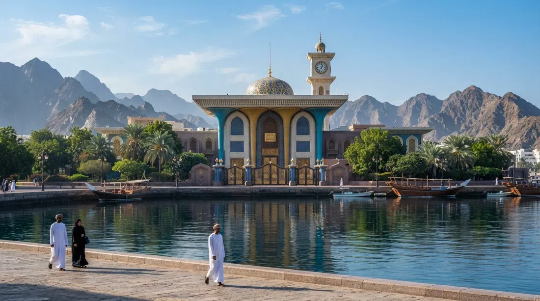 Palacio Al Alam al borde del agua en el Mascate Antiguo, columnas azules y doradas y puertas doradas contra la ensenada bajo la luz dura de la mañana