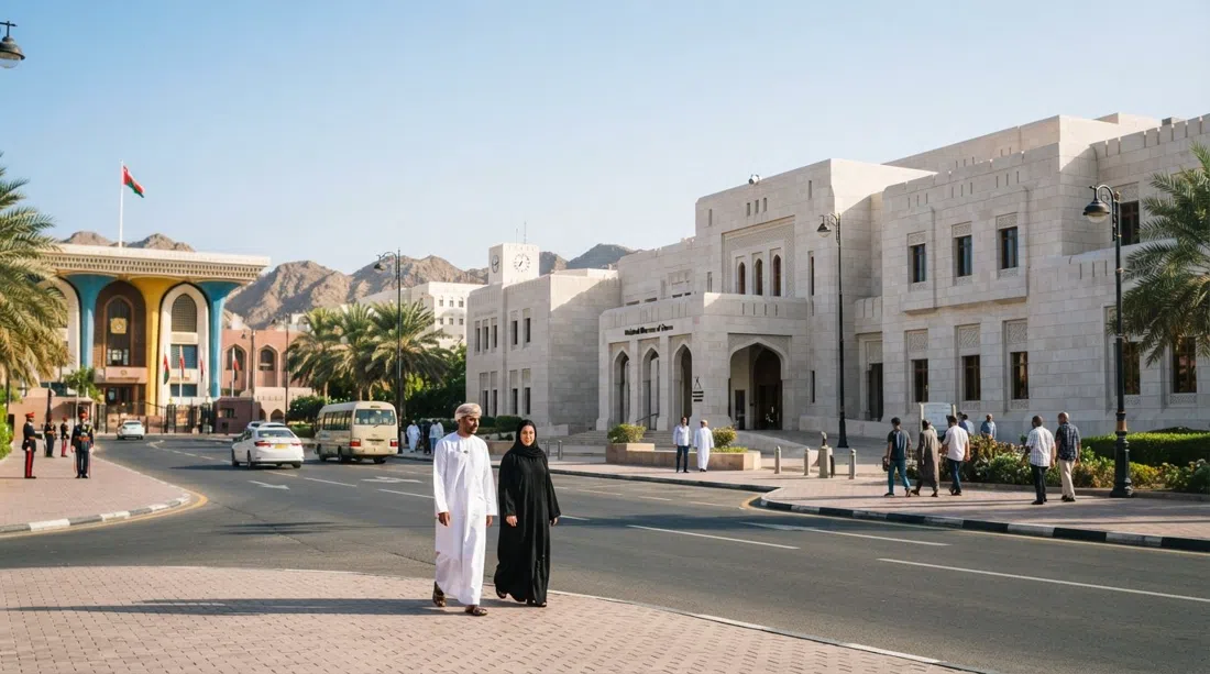 el Museo Nacional de Omán en la calle As-Sa'idiyyah, fachada moderna de piedra pálida frente al Palacio Al Alam bajo el sol brillante de la mañana