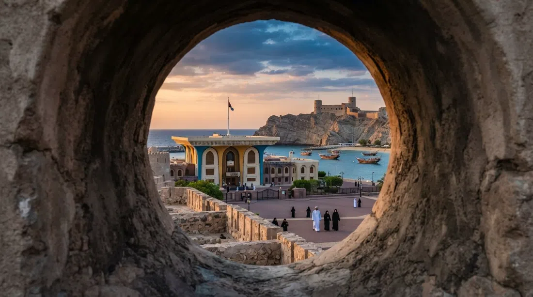 la vista desde la torre del Fuerte Al Mirani, agujeros de fusil enmarcando el Palacio Al Alam, la Playa del Palacio y Al Jalali al otro lado de la ensenada al atardecer