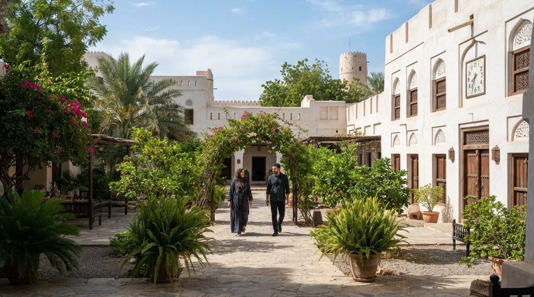 el patio tradicional y el entorno ajardinado en Bait Al Zubair, edificios encalados, caminos sombreados y vegetación del museo bajo la luz del mediodía