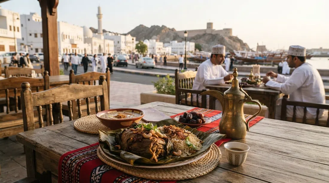 una comida tradicional omaní en Bait Al Luban en Mutrah, shuwa y harees servidos con dátiles y kahwa en una mesa con vistas a la cornisa
