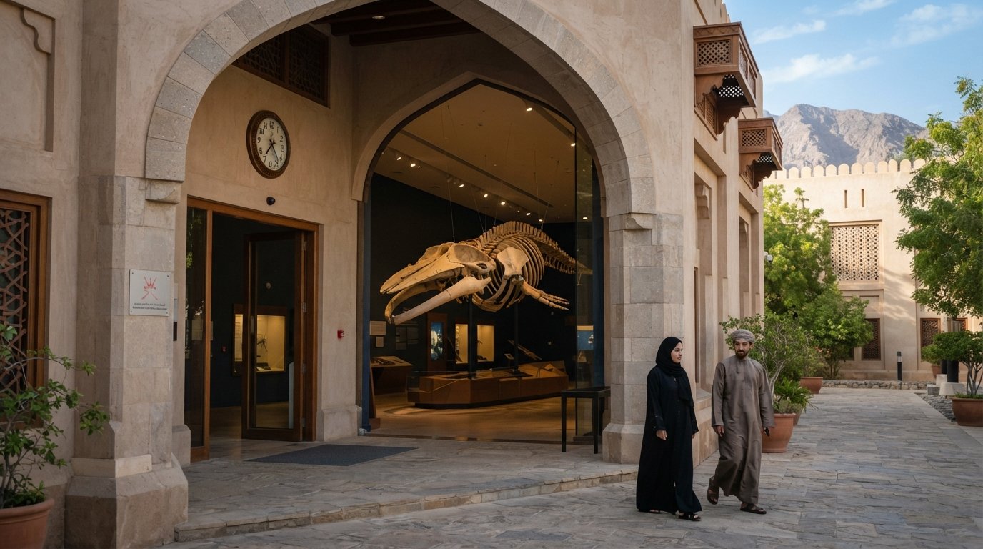 the Natural History Museum of Oman entrance in the Ministry of Heritage complex, with the mounted sperm-whale skeleton visible inside a compact, quietly lit gallery