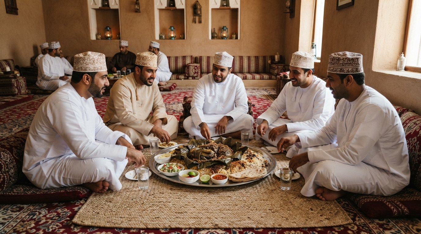 a private carpeted dining room at Bin Ateeq in Al Khuwair, floor seating around a large communal tray with shuwa and majboos served traditionally
