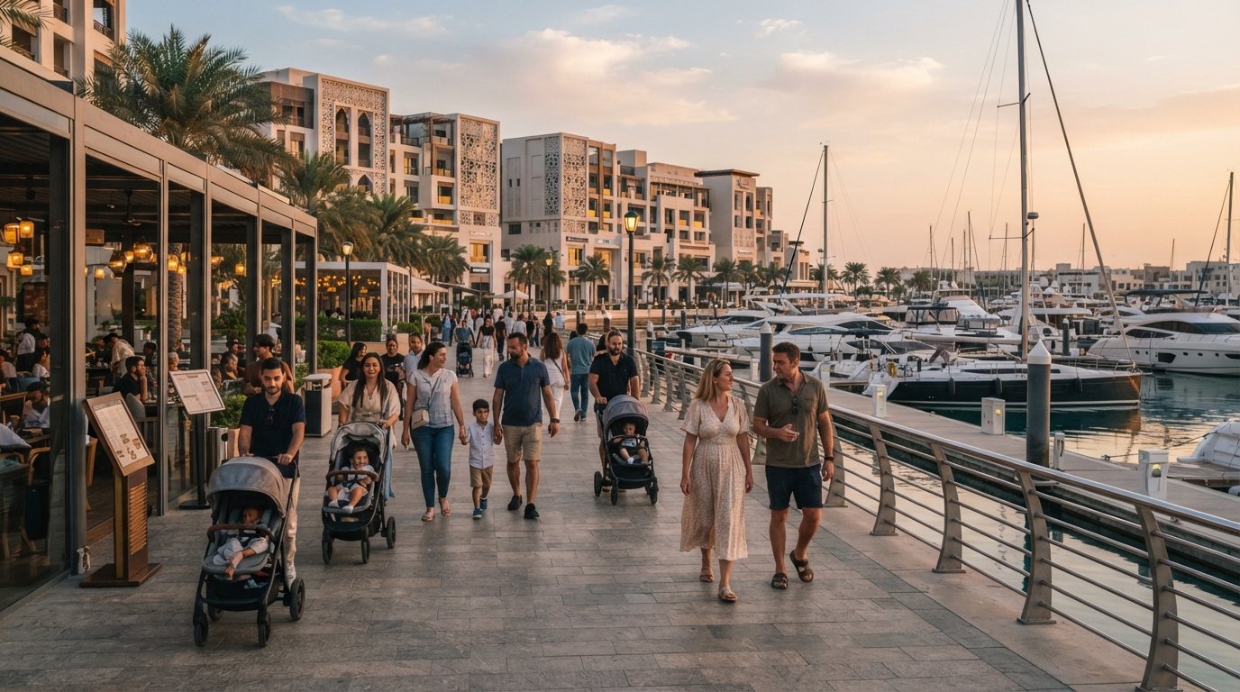 the Al Mouj marina promenade at golden hour, strollers and walkers passing glass-fronted restaurants with yachts moored beyond