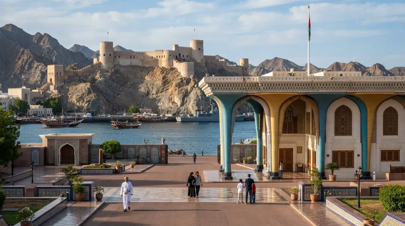 Old Muscat, Muscat: the ceremonial heart behind the mountains